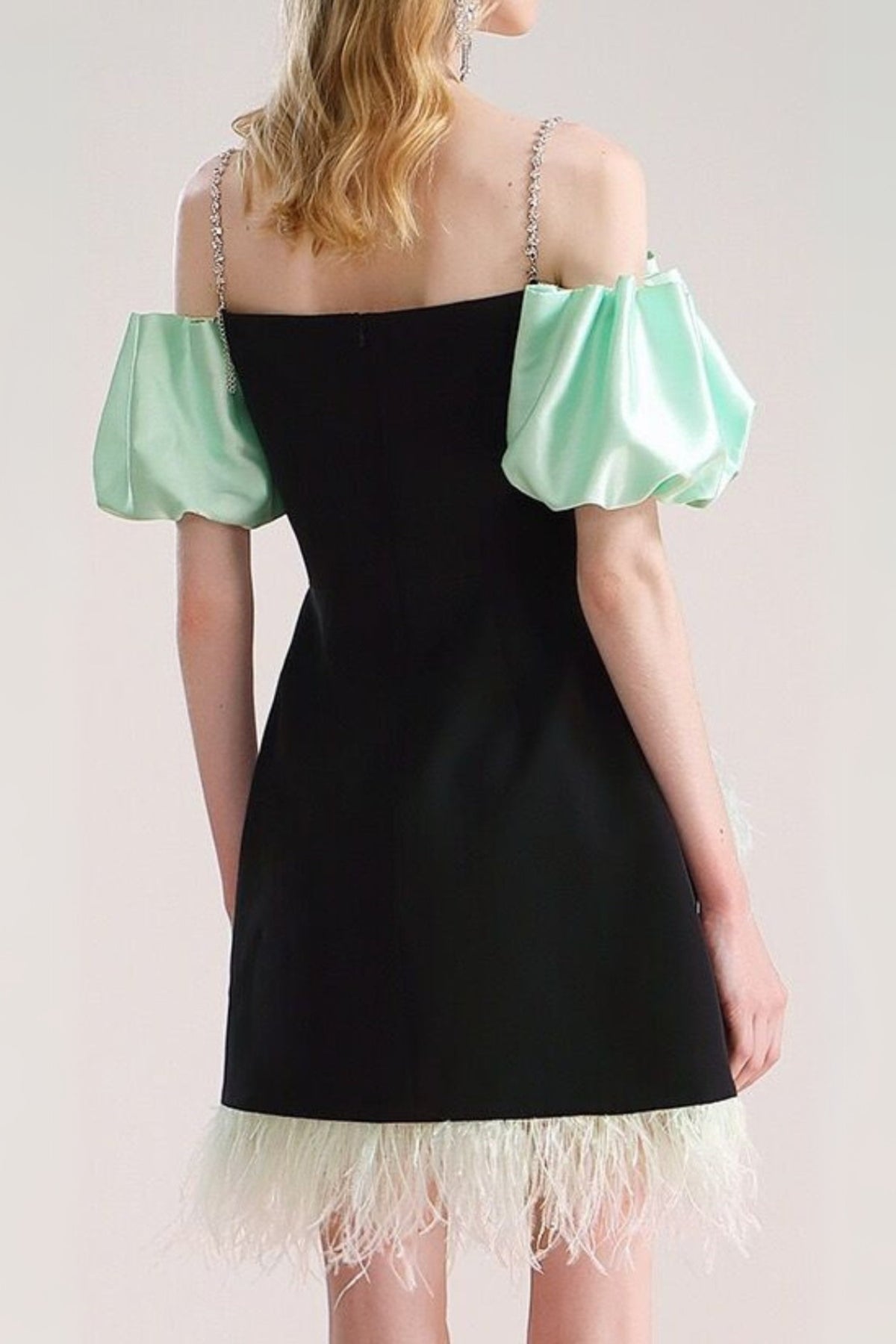 CIELO BLACK OFF-SHOULDER FEATHER MINI DRESS