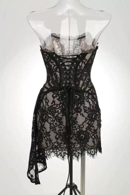 Sleeveless Rich Lace Mini Dress - Black