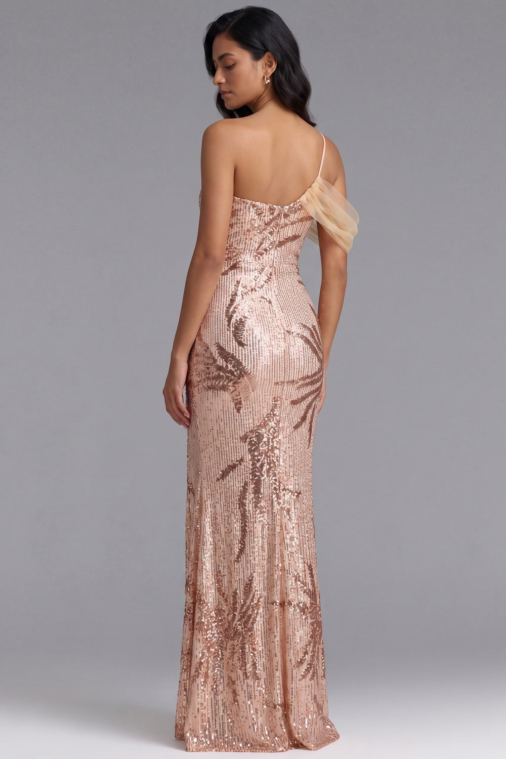 Rose Gold Sequin Maxi Gown with Tulle Shoulder Detail Premium Fabric - product view 1