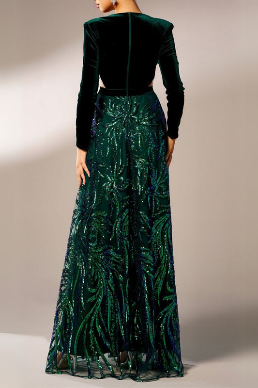 high slit sequin long sleeve maxi dress in green