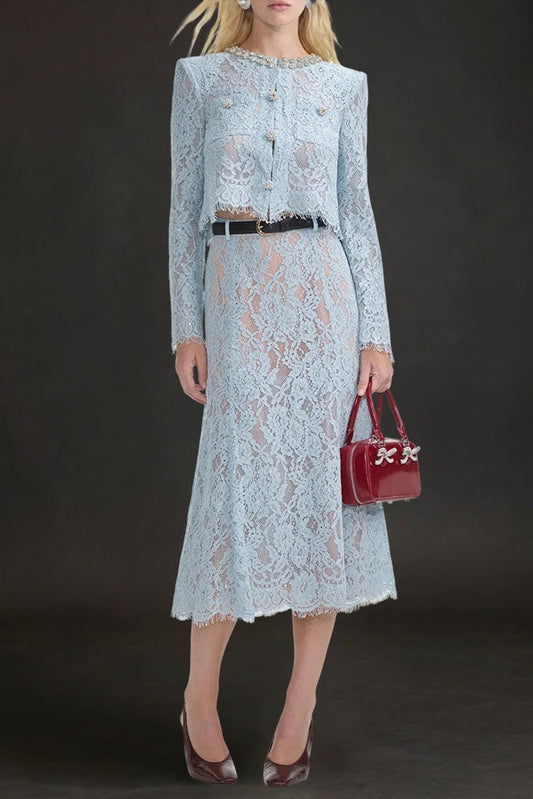 carol lace flared midi skirt in blue