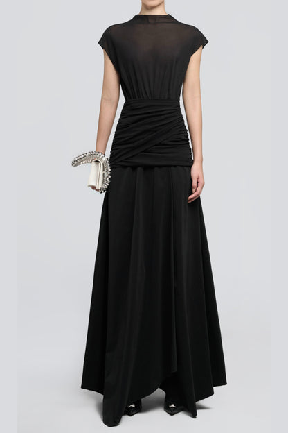 black Waist cross pleats midi dress with asymmetric hemline
