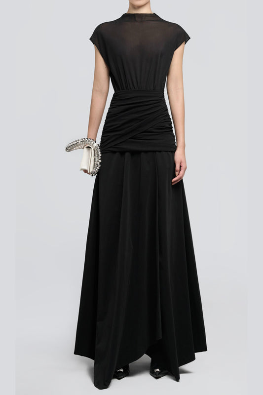 black Waist cross pleats midi dress with asymmetric hemline