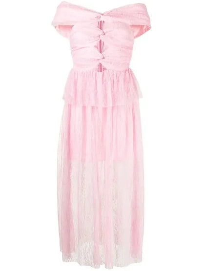 lace cutout strapless midi dress in lilac