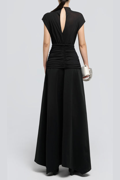 black Waist cross pleats midi dress with asymmetric hemline