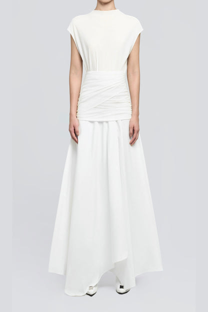 white Waist cross pleats midi dress with asymmetric hemline
