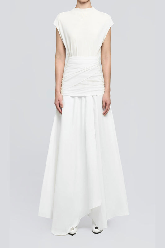 white Waist cross pleats midi dress with asymmetric hemline
