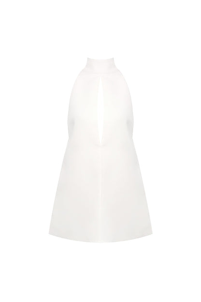 v-neck cutout backless crepe halter dress - white
