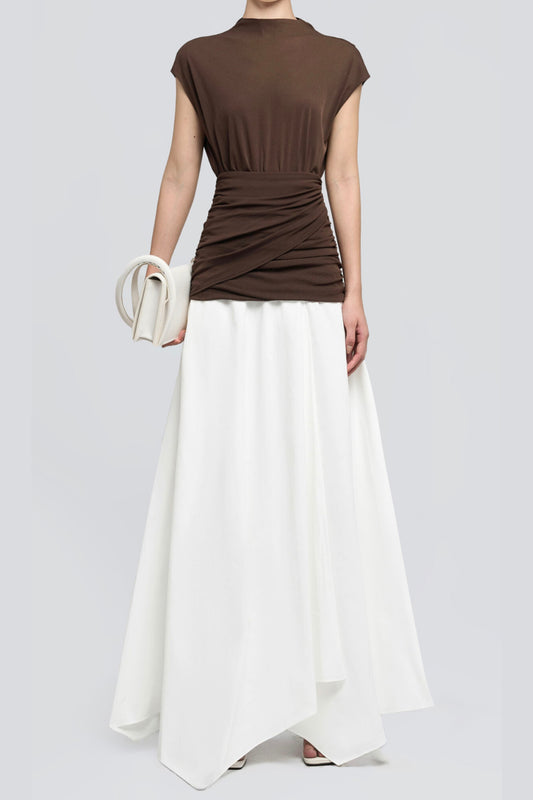 brown Waist cross pleats midi dress with asymmetric hemline