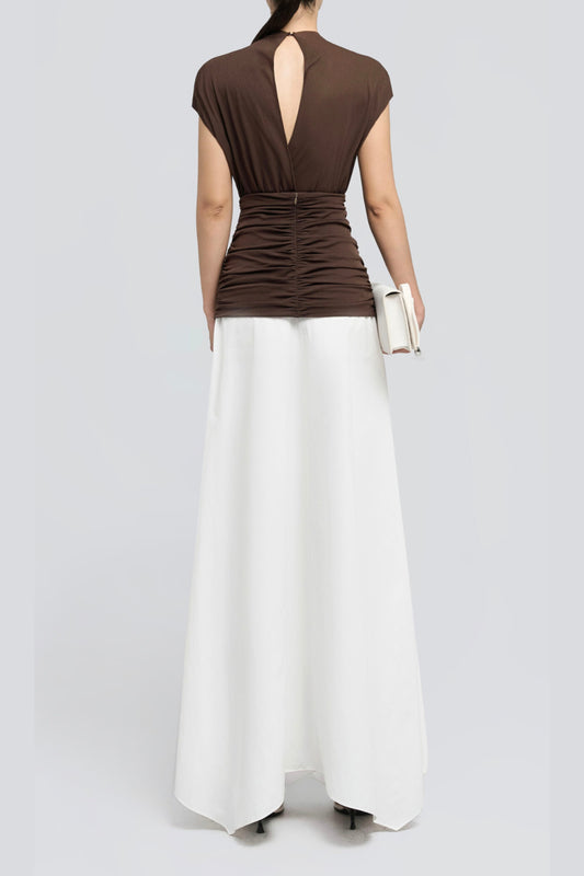 brown Waist cross pleats midi dress with asymmetric hemline