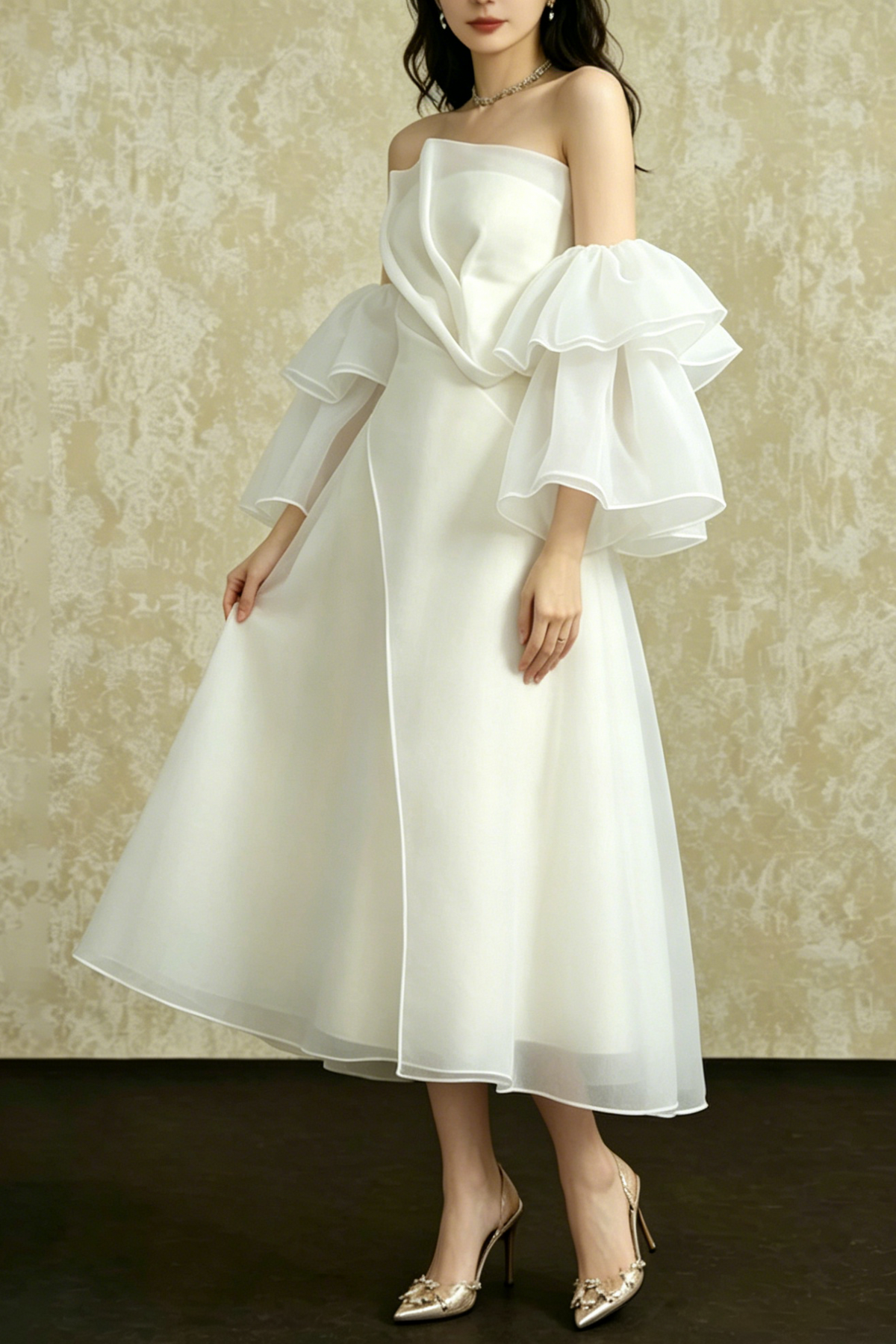 Strapless Layered Organza Midi Dress In White With Bell Cuff Sleeves