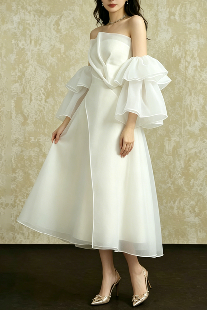 Strapless Layered Organza Midi Dress In White With Bell Cuff Sleeves