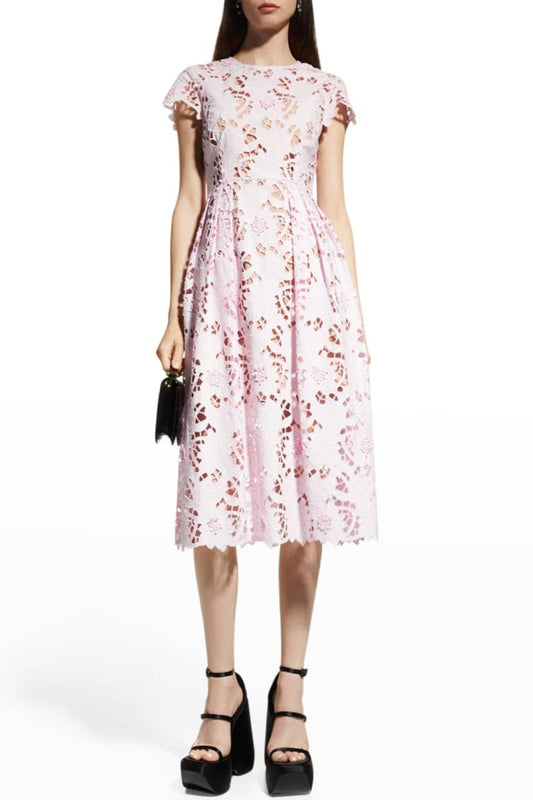 FLORAL LACE EMBROIDERED MIDI DRESS IN PINK