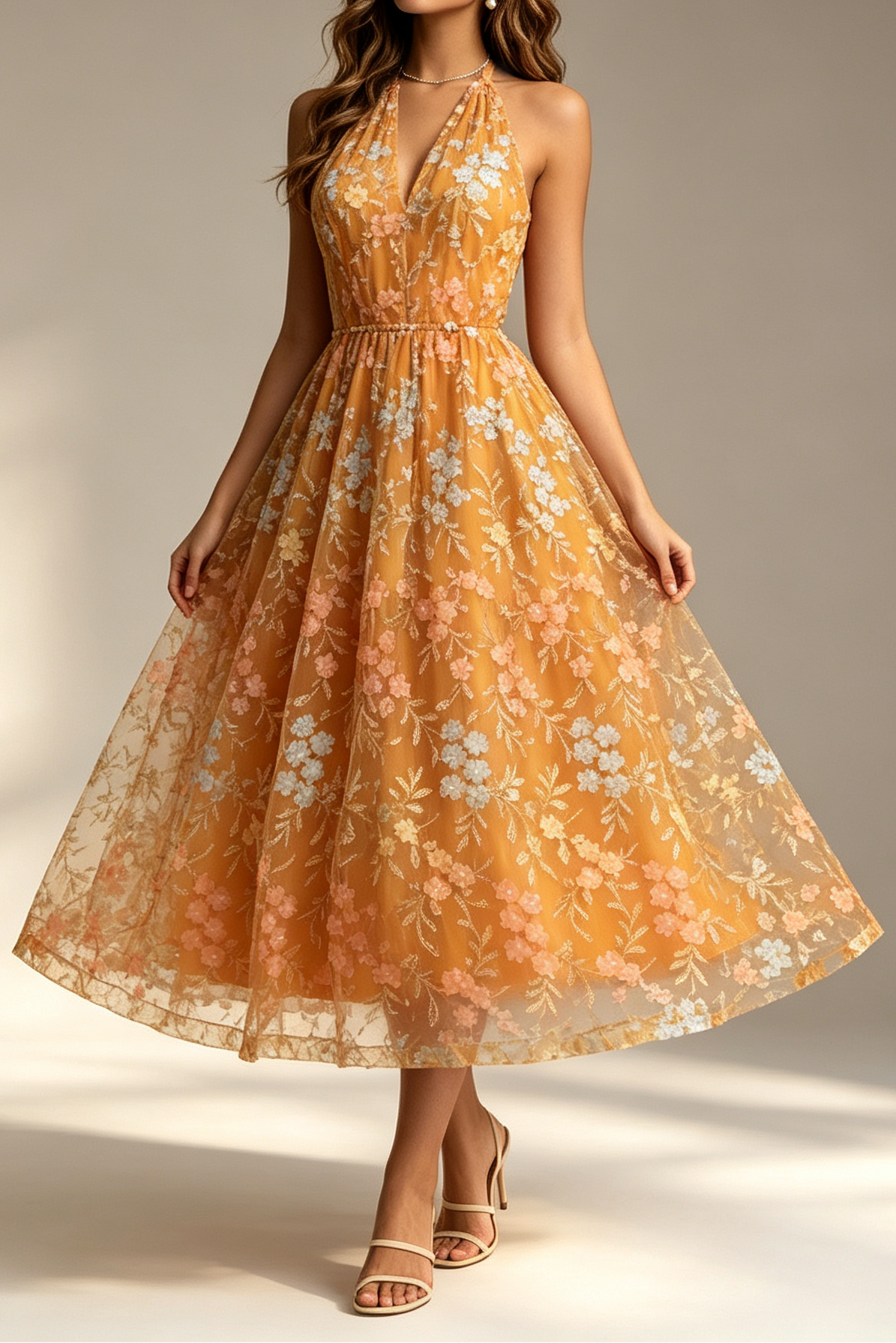 Mustard Halter Neck Sleeveless 3D Floral Embroidery Sheer Tulle Flared Midi Dress