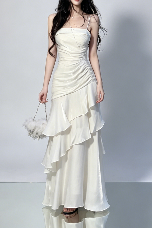 Side Ruched Tiered Ruffle Satin Spaghetti Strap Maxi Dress