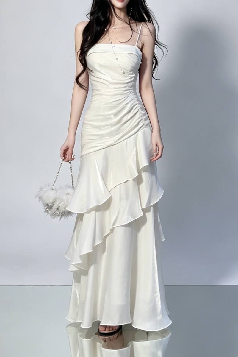 Side Ruched Tiered Ruffle Satin Spaghetti Strap Maxi Dress
