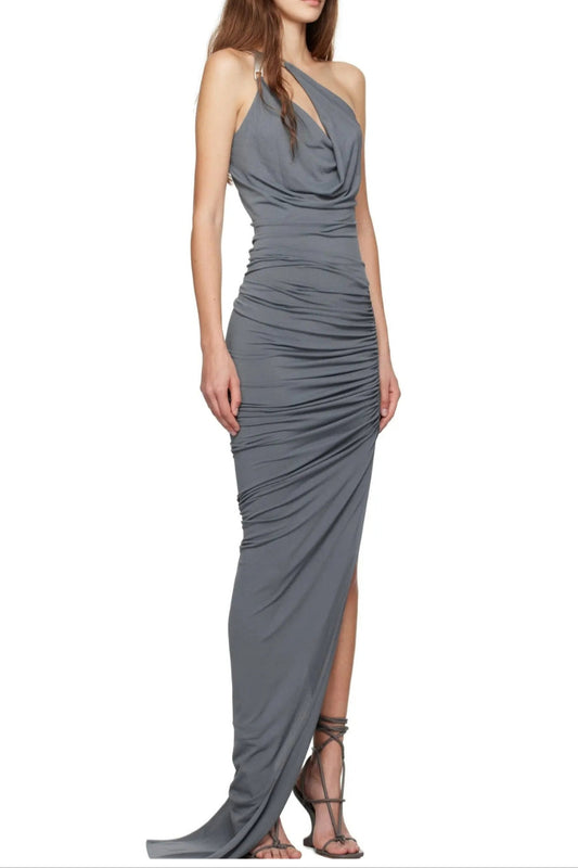 one-shoulder sleeveless ruched bodycon maxi dress in grey