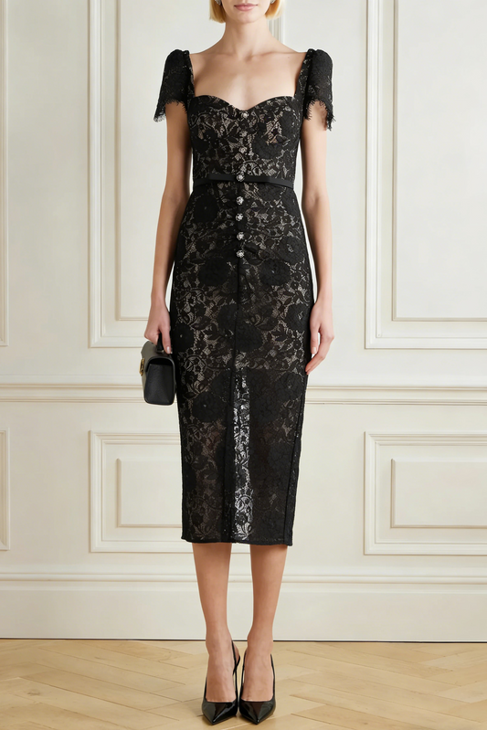 helen black Belted embellished cotton-blend lace midi dress