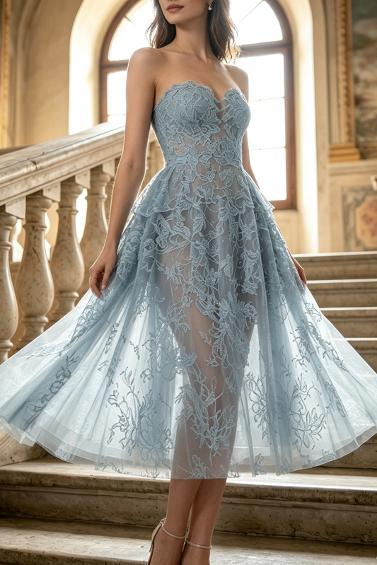 BLUE BEADED LACE MIDI DRESS