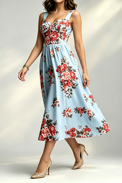 Light Blue Large Red Floral Wide Strap Sweetheart Flowy Midi Dress