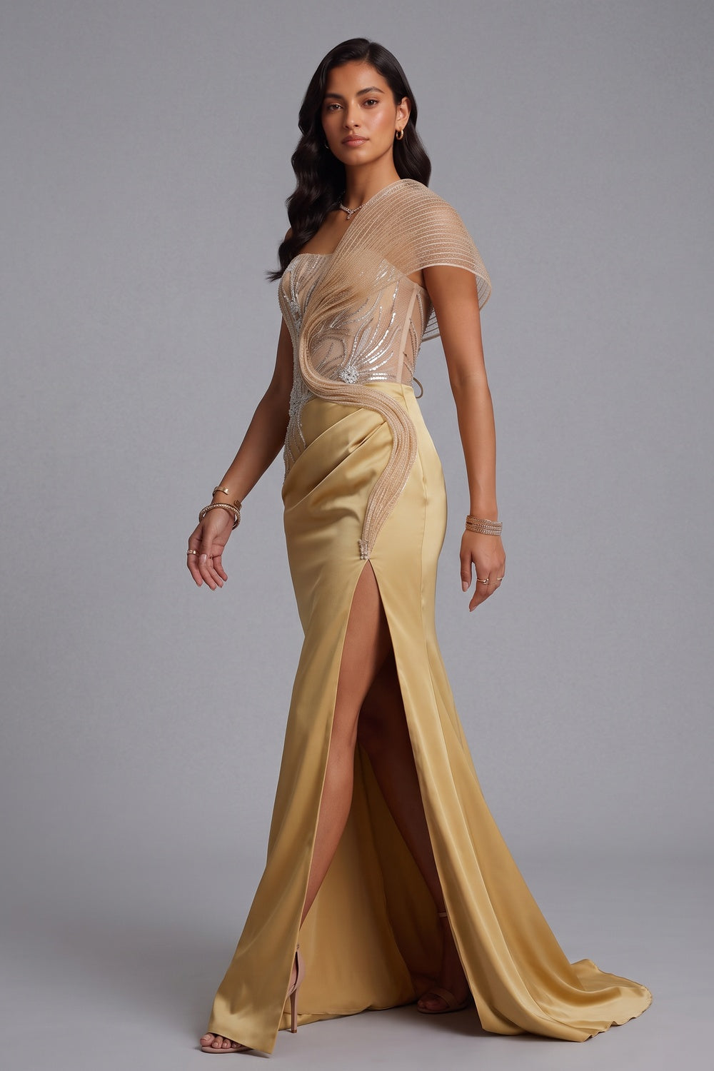 Strapless Rhinestone Mesh Ruffle Satin Mermaid Evening Gown