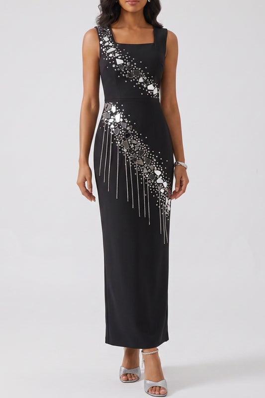 Sleeveless Square Neck Rhinestone Fringe Midi Bodycon Dress