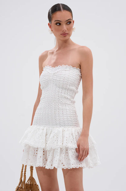 eyelet layered strapless mini dress in white