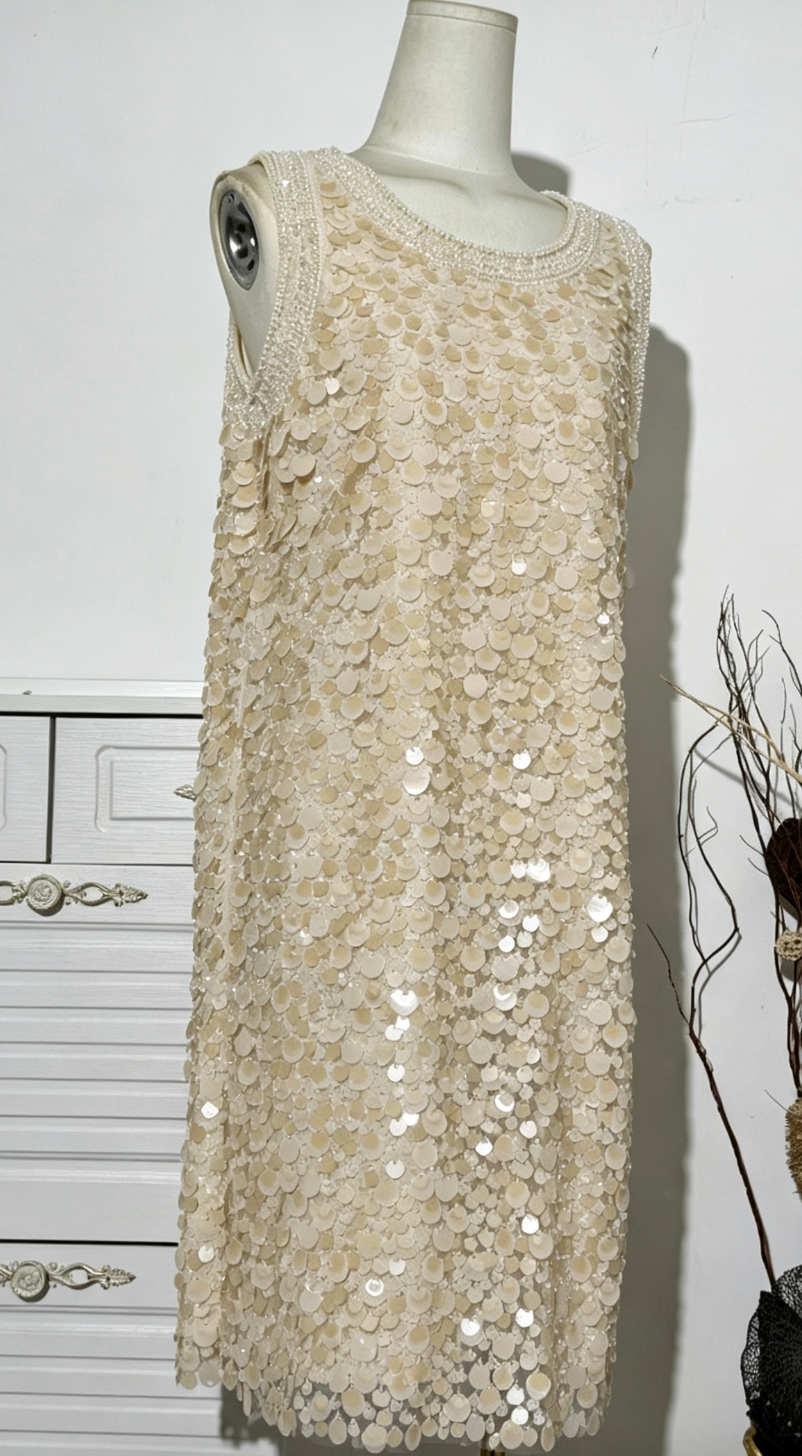 Cream Mesh Base with All-Over Sequins Shift Dress