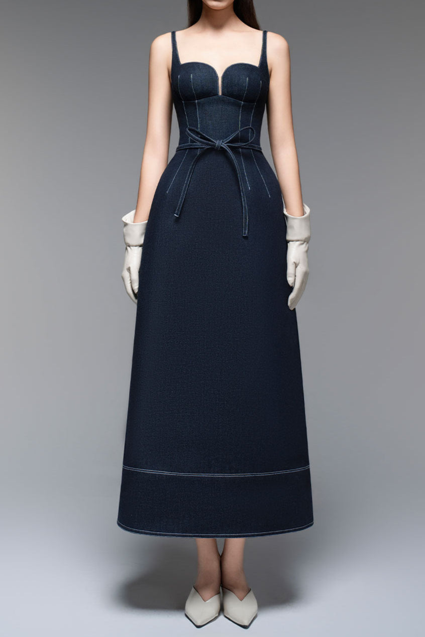 A-line Sleeveless Denim Midi Dress in blue