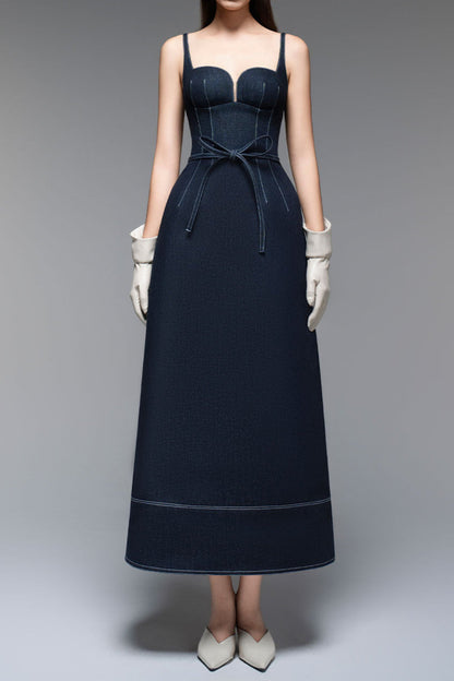 A-line Sleeveless Denim Midi Dress in blue