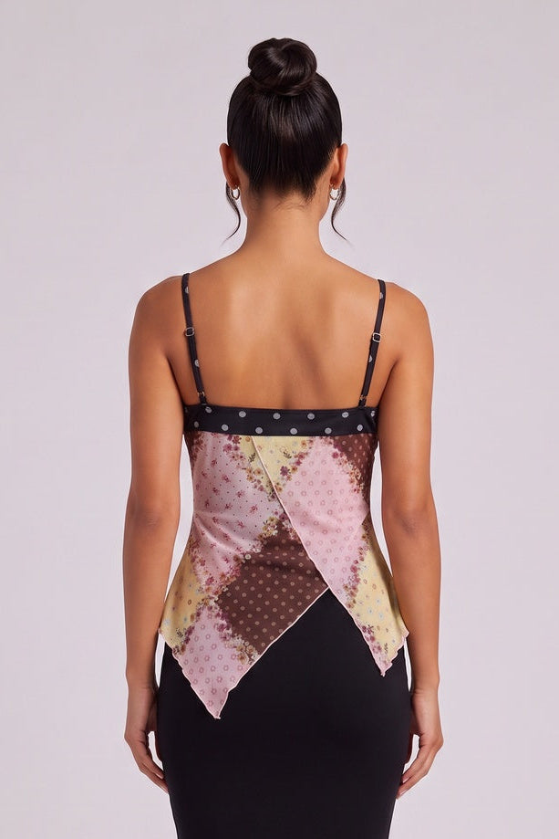 Black Sheer Chiffon Fitted Bodice with Asymmetrical Handkerchief Hem Camisole Top black, pink, yellow, brown sheer chiffon camisole top - product view 5