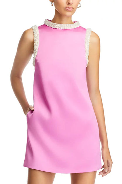 Faux Pearl Trim Satin Shift Mini Dress
