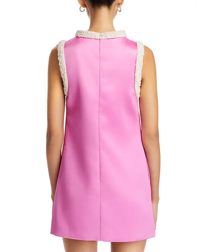 Faux Pearl Trim Satin Shift Mini Dress
