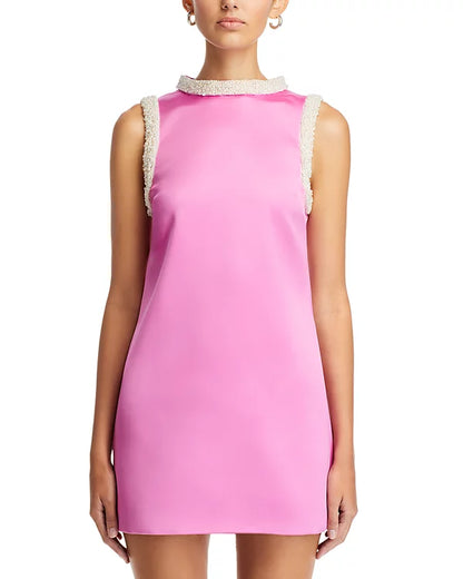 Faux Pearl Trim Satin Shift Mini Dress