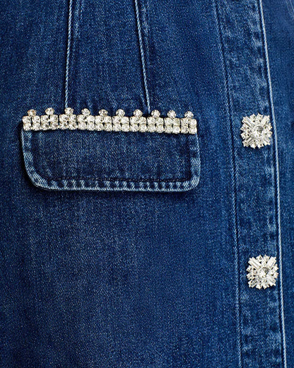 Denim Rhinestone Trim Dress in blue