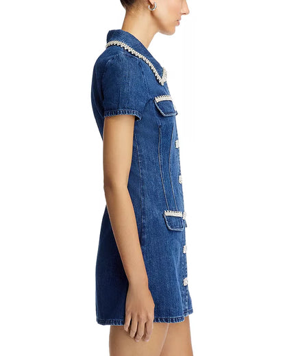 Denim Rhinestone Trim Dress in blue