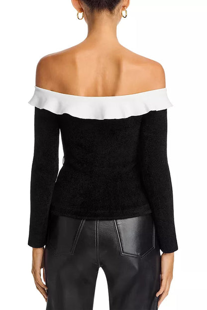 Chenille Knit Off-the-Shoulder Top in black
