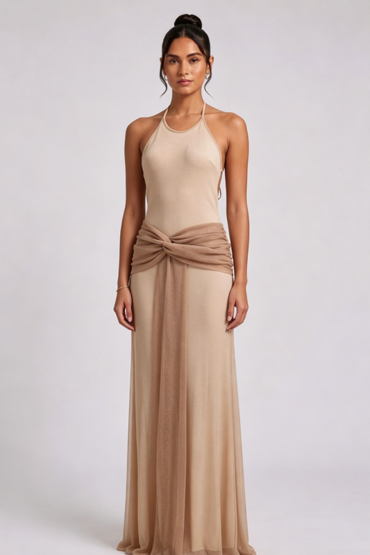 Beige Fine Stretch Knit Column Evening Gown