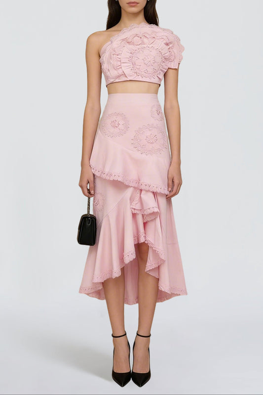 nina Ruffled strapless top floral embroidered mermaid skirt set - pink