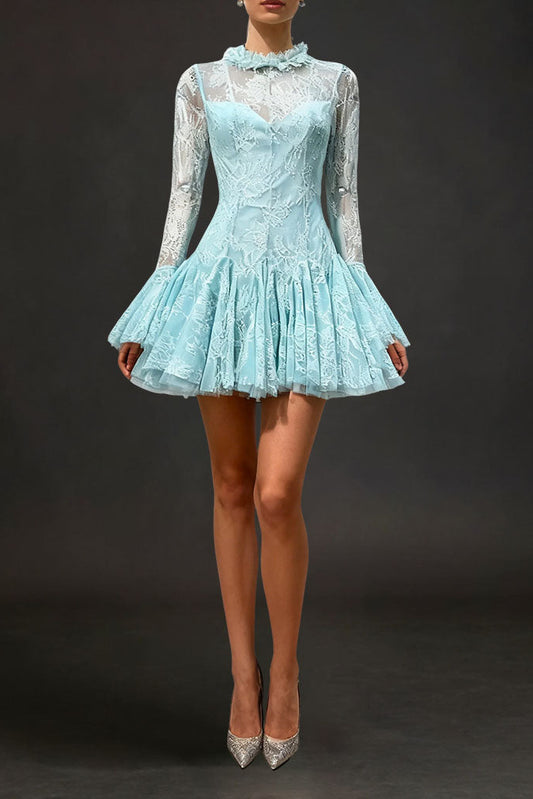 blue  Embroidered Flared Mini Dress