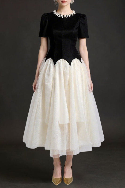 leona black-white Two-Tone rhinestone neck tulle maxi Dress