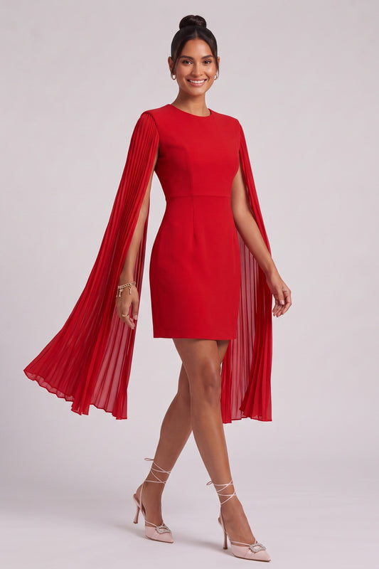 Red Crepe Sheath Dress with Pleated Cape Sleeves red crepe dress - product view 2