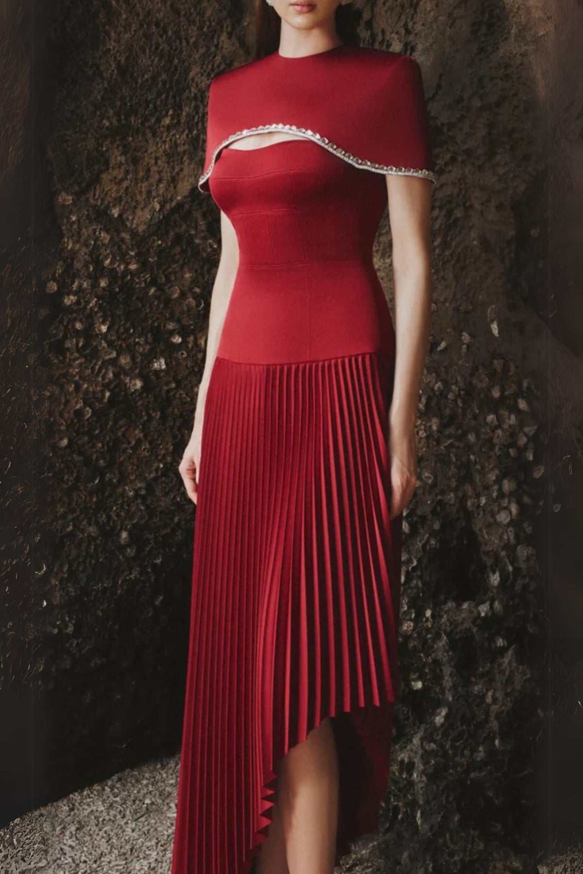 Spaghetti Strap Asymmetric Pleated midi Dress in red