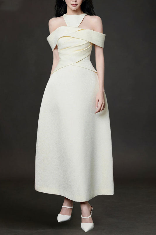 aaliyah Off-Shoulder Draped halter Midi Dress in apricot