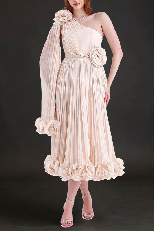 simona one shoulder 3d flower ruffle hem maxi dress in apricot