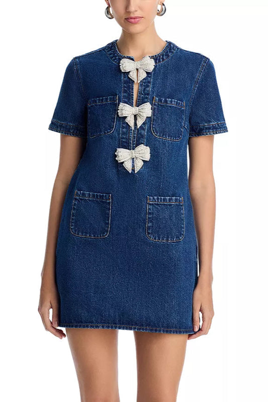 bow Embellished Denim Mini Dress in blue
