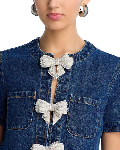 bow Embellished Denim Mini Dress in blue