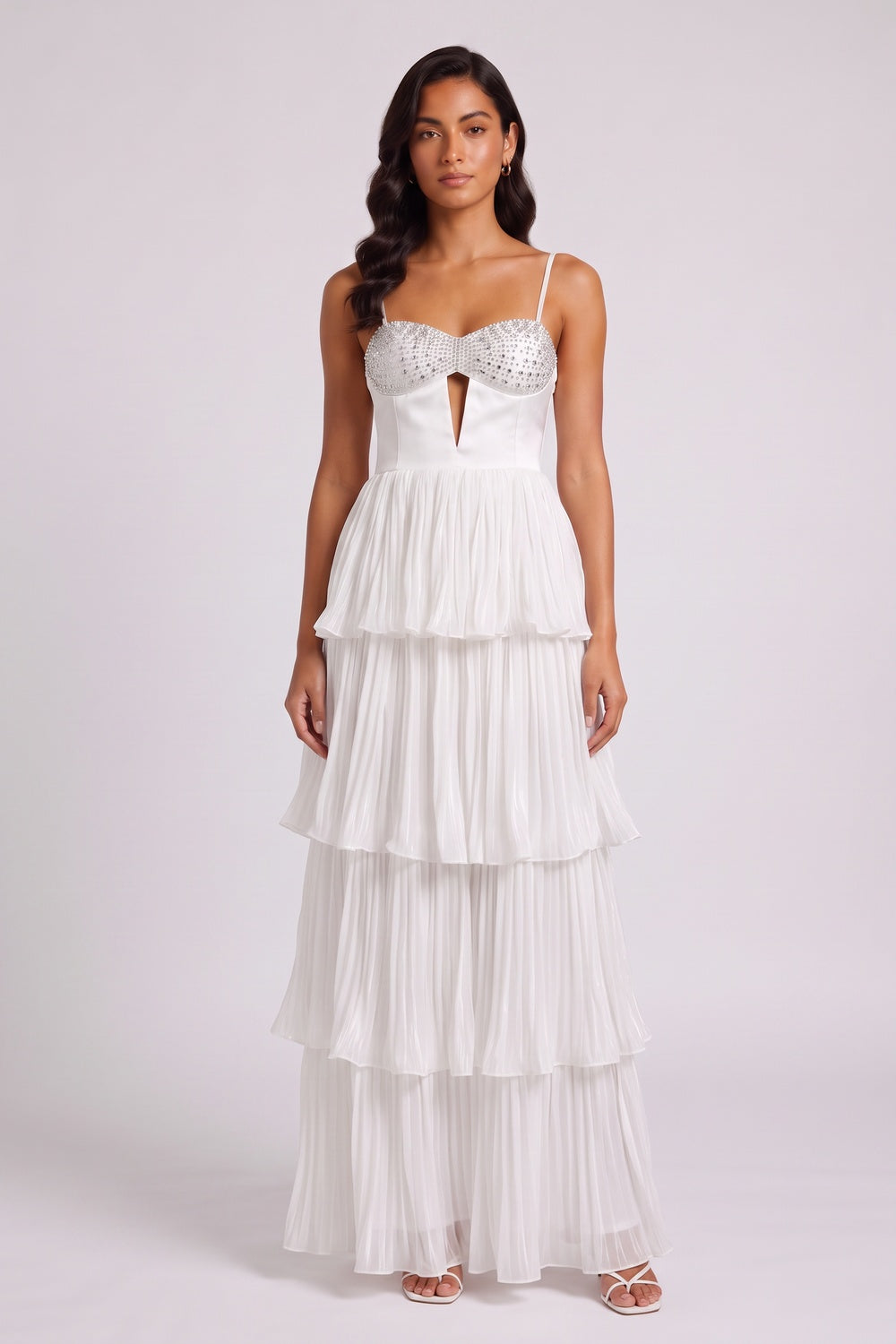 Rhinestone Bustier Tiered Pleated Tulle Maxi Dress