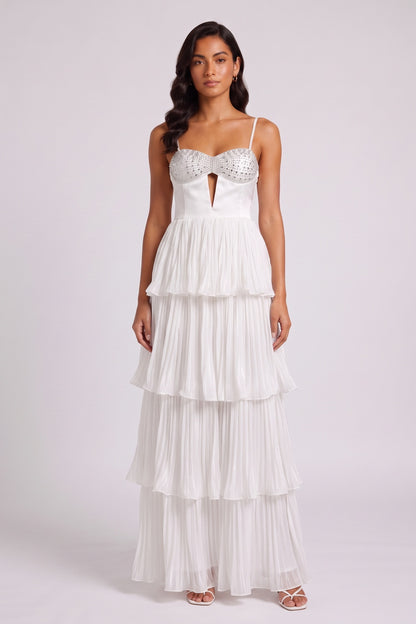 Rhinestone Bustier Tiered Pleated Tulle Maxi Dress