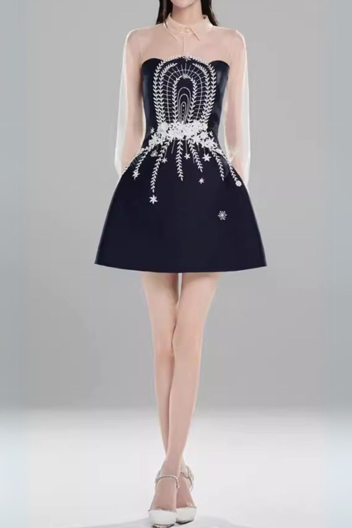 embroidered flower lapel tulle mini dress in dark blue
